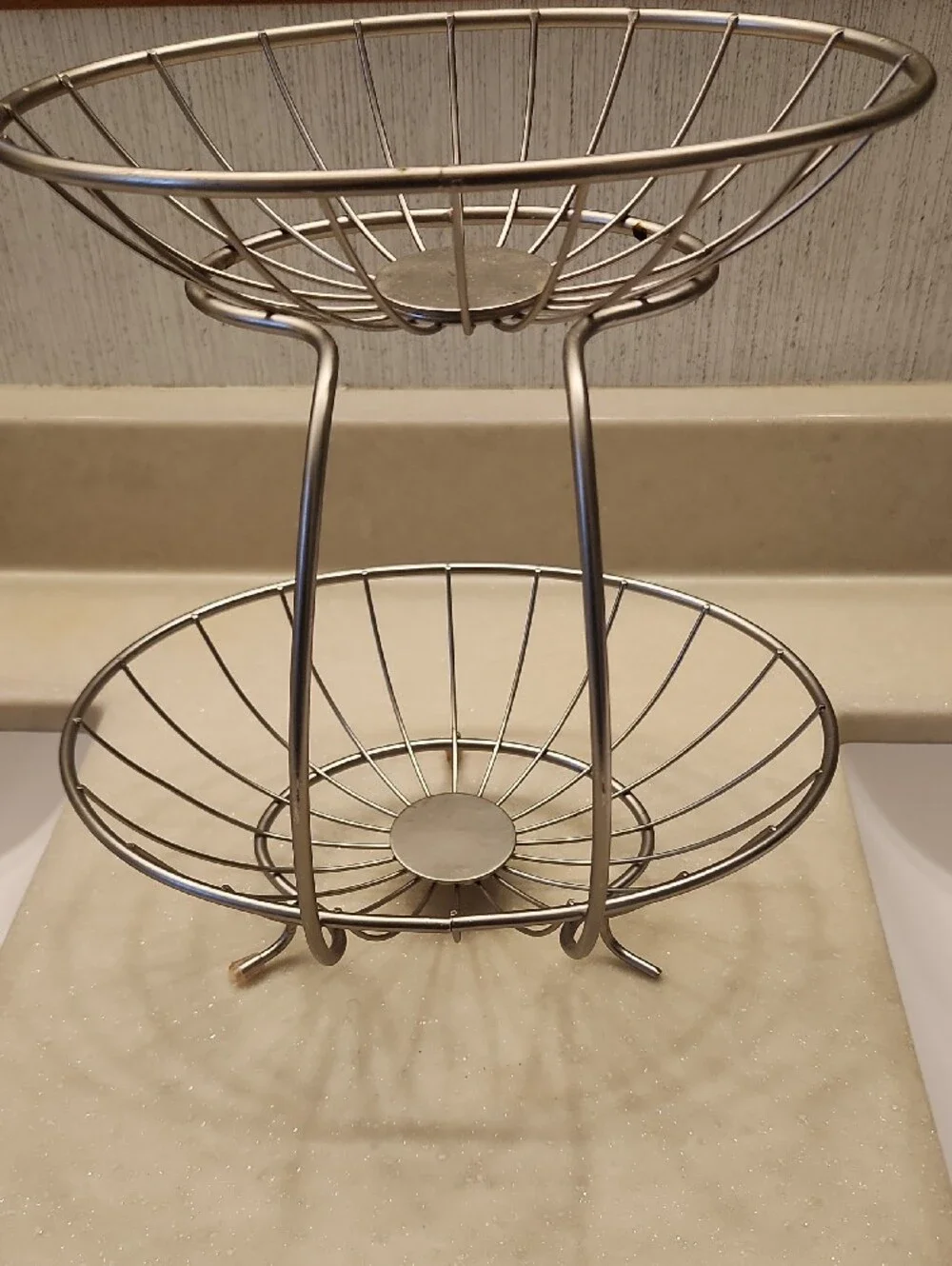 Two-Tier Metal Fruit Basket Stand- Silver-tone